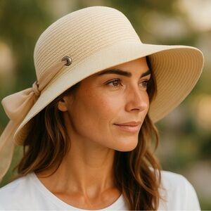 Amazon Women's Ivory Wide Brim Sun Hat w/ Changeable Scarf Medium